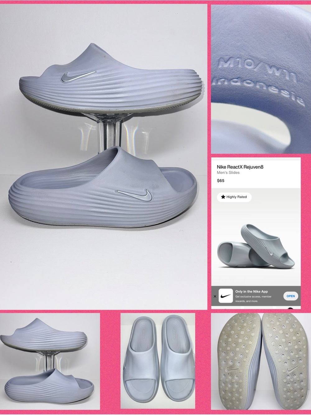 NIKE ReactX Rejuven8 Slides — Light Blue Gray Unisex W-11. M-10